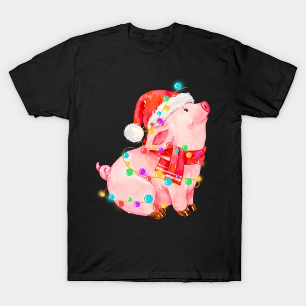 Pig Wearing Santa Hat Lights Christmas Gift For Pig Lovers T-Shirt by mittievance